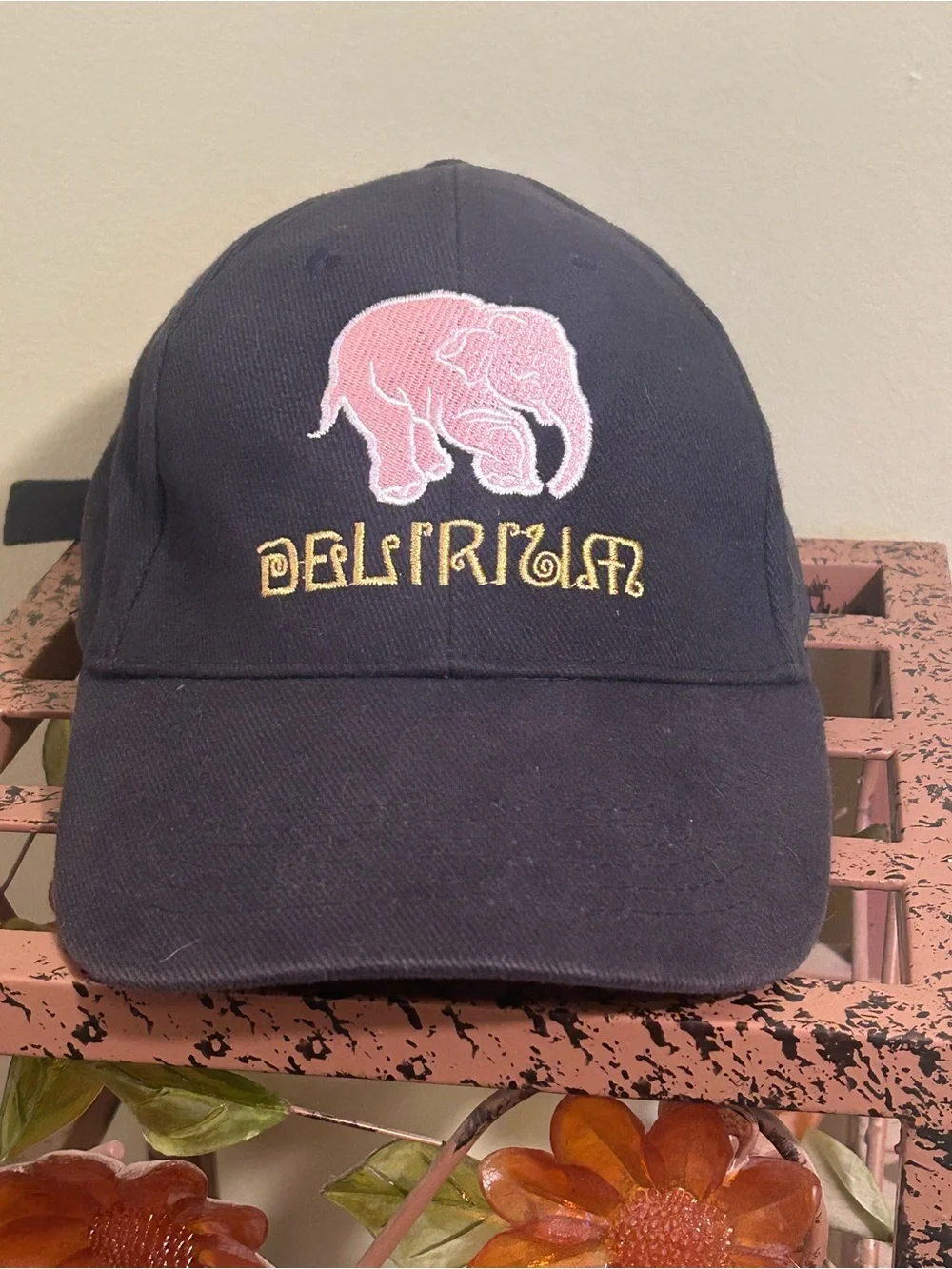 VINTAGE Delirium Tremens Beer Hat Pink Elephant Navy Blue Misprint Typo Cap Rare